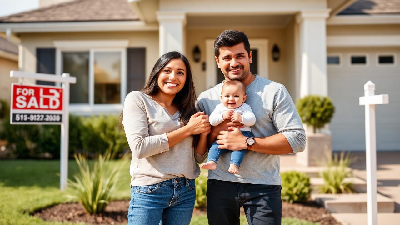 Happy family in front of new home